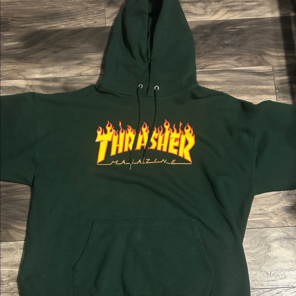 Thrasher Forest Green Hoodie with Flame Logo